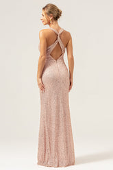 Glitter Blush Meerjungfrau Neckholder Rückenfreies Langes Ballkleid